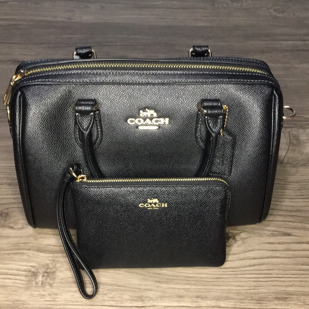 Coach Rowan Satchel Bag| Black Leather Handbag and Wristlet Set